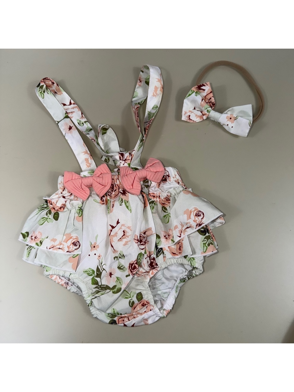 Baby Girls Floral Suspender Romper & Bow 3-6M